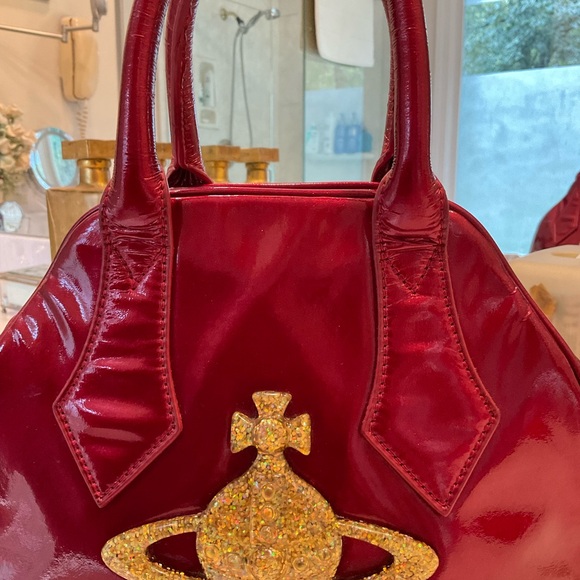 Vivienne Westwood Jasmine Red Patent Leather Handbag with Gold Glitter Detail - Picture 2 of 16